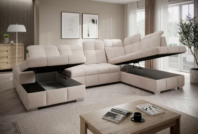 Seatsandbeds hoekbank prestige U links- beige- dubbele opbergruimte- bedfunctie- hoeksalon met dubbele opbergruimte en slaapfunctie- seatsandbeds