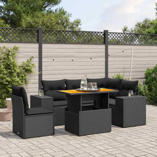 vidaXL 6-delige Loungeset met kussens poly rattan zwart, foto 2