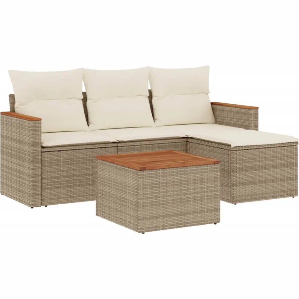 vidaXL 5-delige Loungeset met kussens poly rattan beige, foto 3