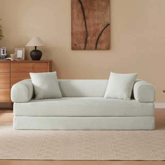 Merax 3-Zits Slaapbank - Uitklapbare Vloerbank - Frameloos Ontwerp - Zachte Bekleding - Beige