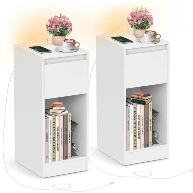 Signature Home Nachtkastje Set van 2 - Slanke nachtkastjes met oplaadstation en ledverlichting - slanke bijzettafels - USB-poorten - lade en open vak - wit - 30 x 25 x 59.5 cm