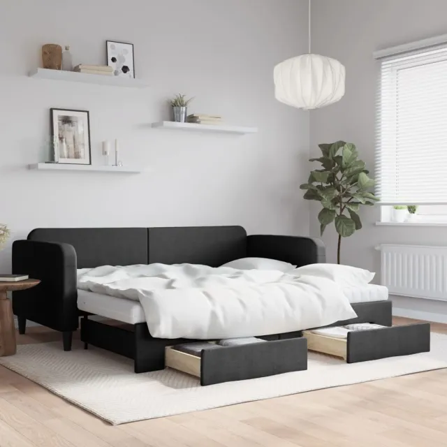 vidaXL Slaapbank met onderschuifbed en lades 90x200 cm stof zwart