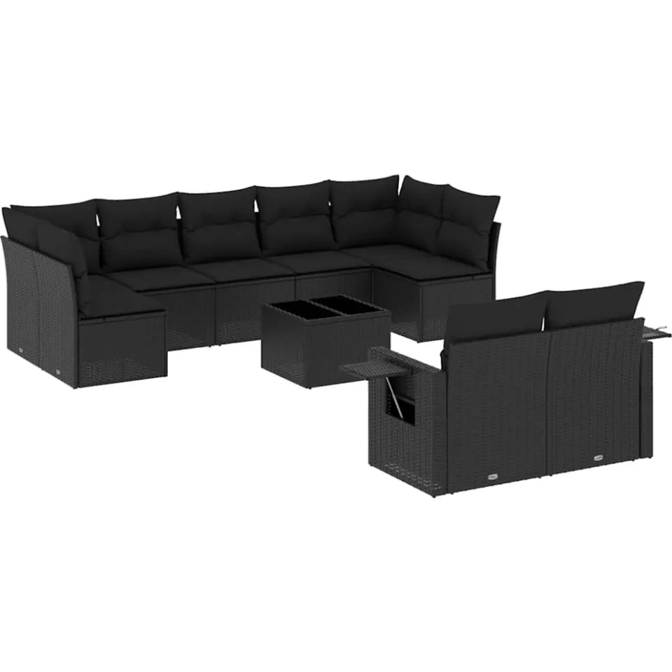 vidaXL 10-delige Loungeset met kussens poly rattan zwart, foto 3