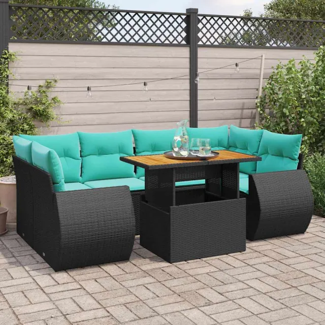 vidaXL 7-delige Loungeset met kussens poly rattan zwart, foto 2