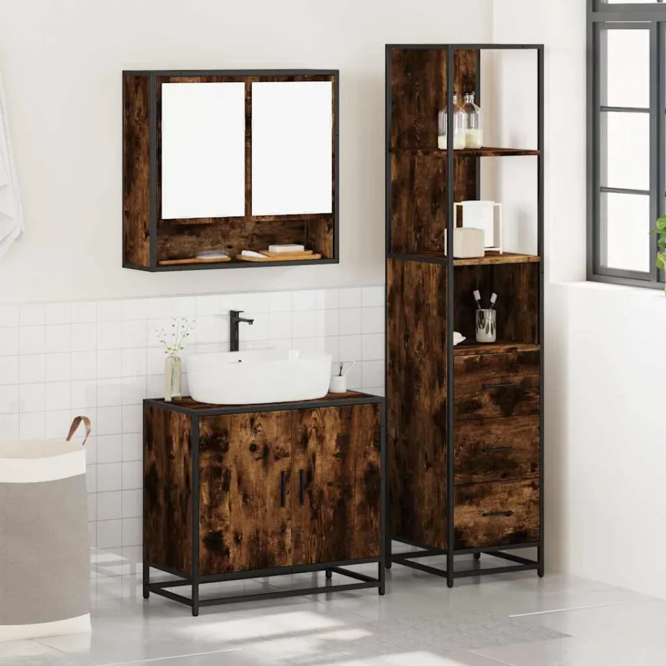 vidaXL 3-delige Badkamermeubelset bewerkt hout gerookt eikenkleurig, foto 2