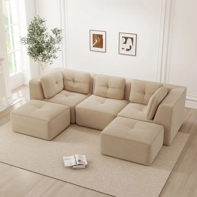 OKWISH Hoekbank 3-Zits - Modulair U-Vormig Met Ottomaan - Diepe Zitting Voor Woonkamer - Cord - Beige