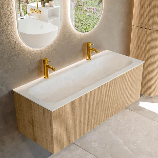 Mondiaz KURVE-DLUX 120 cm Onderkast Greeploos 1 Lade Zonder Deuren Oak, Wastafel Solid Surface Volledig Opalo 2 Kraangaten Zonder Spiegel (KRVBGL1201L0D2KM-Oak/Opa)
