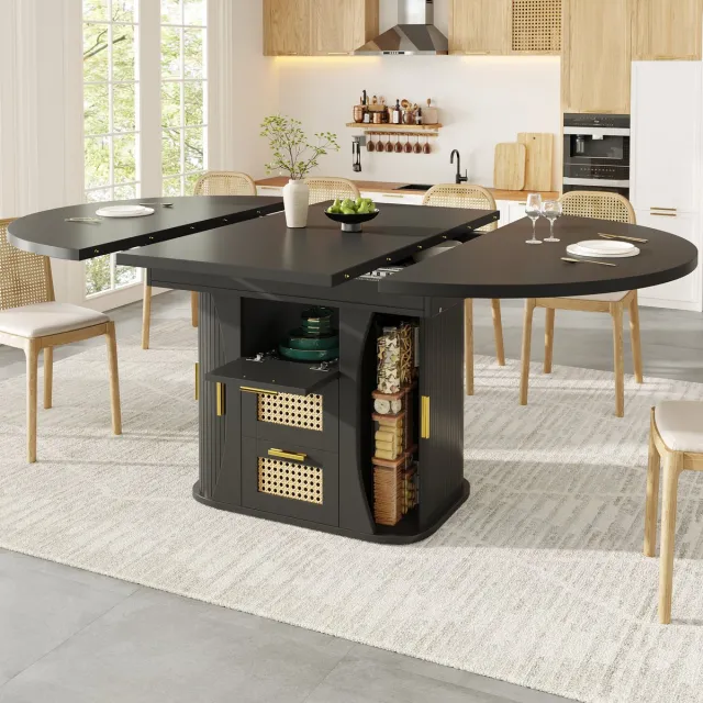 MEUNIQ uitschuifbare eettafel 118-158 cm met opbergruimte en rattan details, MDF en metaal, zwart, voor eetkamer en keuken Black
