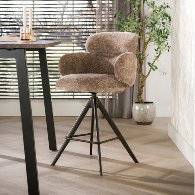 Meubelplaats Barstoel Noma draaibaar - Hoven champagne - bruin - Japandi - 60x60x98 cm - barstoelen set van 2