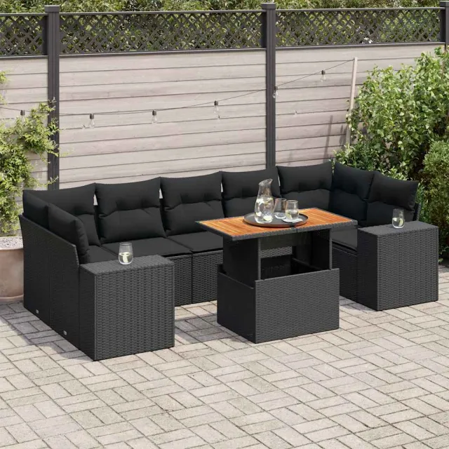 vidaXL 8-delige Loungeset met kussens poly rattan zwart, foto 2