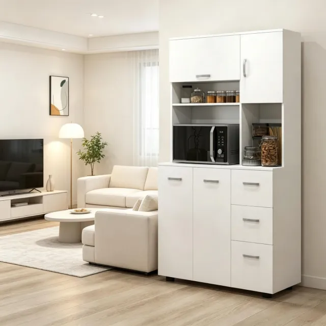 Clruro Keukenkast - 89 x 39,5 x 168 cm - 3 Lades en Kasten - Bewerkt Hout - Wit