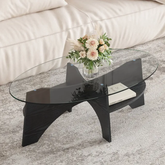 MODENUIT Salontafel - Ovaal Met Glasplaat En MDF Onderstel - Voor Woonkamer En Balkon - Zwart - 104,9x60x35,6 Cm