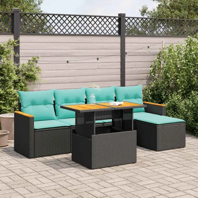vidaXL 6-delige Loungeset met kussens poly rattan zwart, foto 2