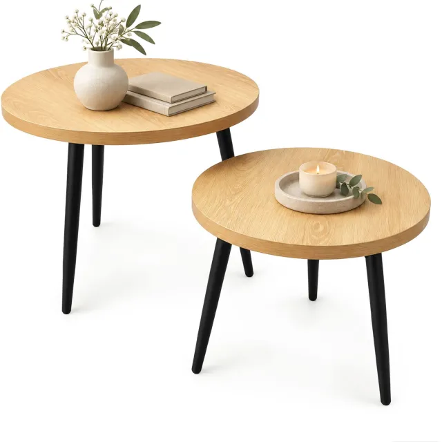 Akord Set van 2 Salontafels TWINO / Natuurlijke Houtlook / 52 cm / Rond / Zwarte Poten / 52 x 52 x 45 cm + 38 x 38 x 38 cm Natuurlijk hout/zwart