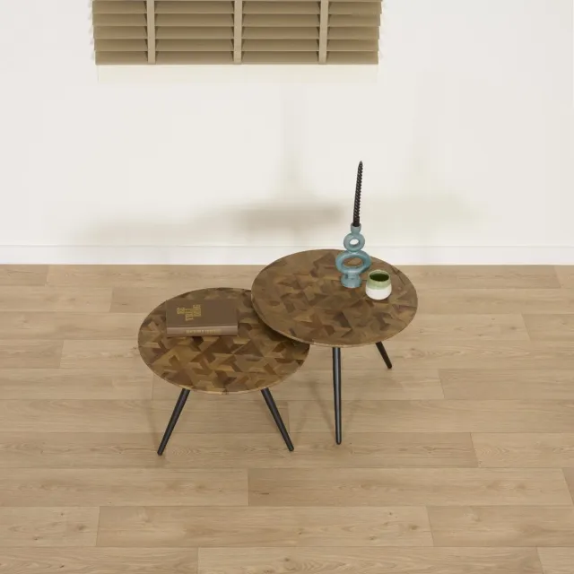 Woonexpress Bijzettafel Alvor - Set 2 stuks - Teak/Metaal - Bruin/Zwart - 54x37x54 cm / 54x40x54 cm (BxHxD) - Gerecycled hout - Mozaïek