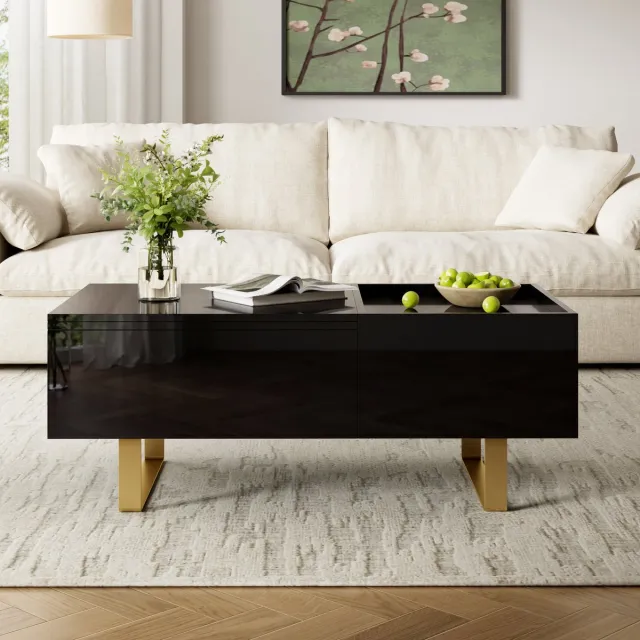 VVBV Salontafel in hoogte verstelbaar / Salontafel met opbergruimte – met Lades – Hoogglans – MDF – Zwart – Afmetingen 100x50x54.5 cm