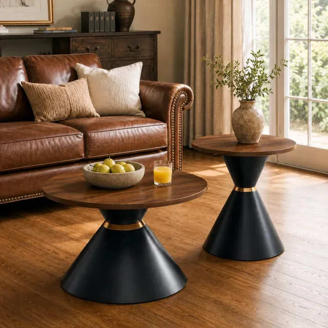 MEUNIQ Set van 2 ronde salontafels Ø70 en Ø50 cm met kegelvormige zwarte metalen voet, walnootlook en goudkleurig accent voor woonkamer Walnootkleur