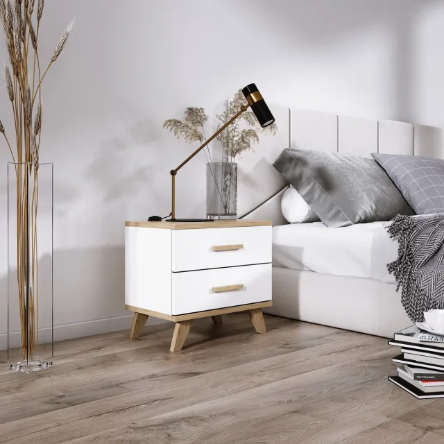 Meubel Square Nachtkastje SINDI - Set van 2 - Wit - Eiken - met massief houten poten - Scandinavische stijl