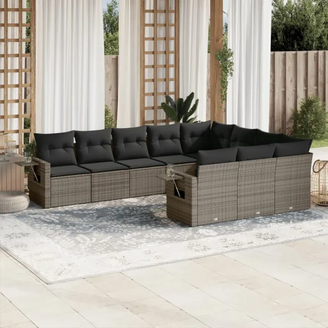 vidaXL 10-delige Loungeset met kussens poly rattan grijs, foto 2