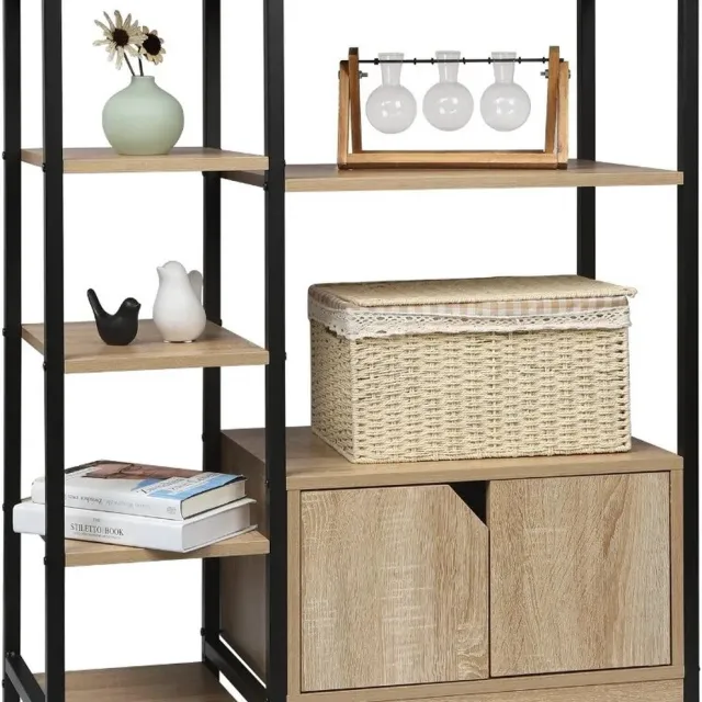 BukkitBow Moderne Boekenkast / Woonkamer Kast - Met 6 Opslagplanken en Dichte Kastjes - Geschikt voor Keuken en Woonkamer - 80X97X35CM - Zwart met Licht Eikenhout
