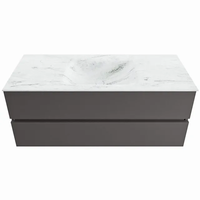 Mondiaz VICA-DLUX 120cm badmeubel onderkast Dark grey 2 lades. Inbouw wastafel CLOUD midden 1 kraangat, kleur Opalo.
