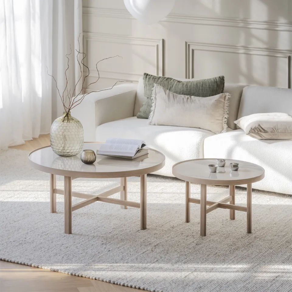 Rowico Home Marsden ronde houten salontafel met beige keramieken blad - Ø 90 cm, foto 5