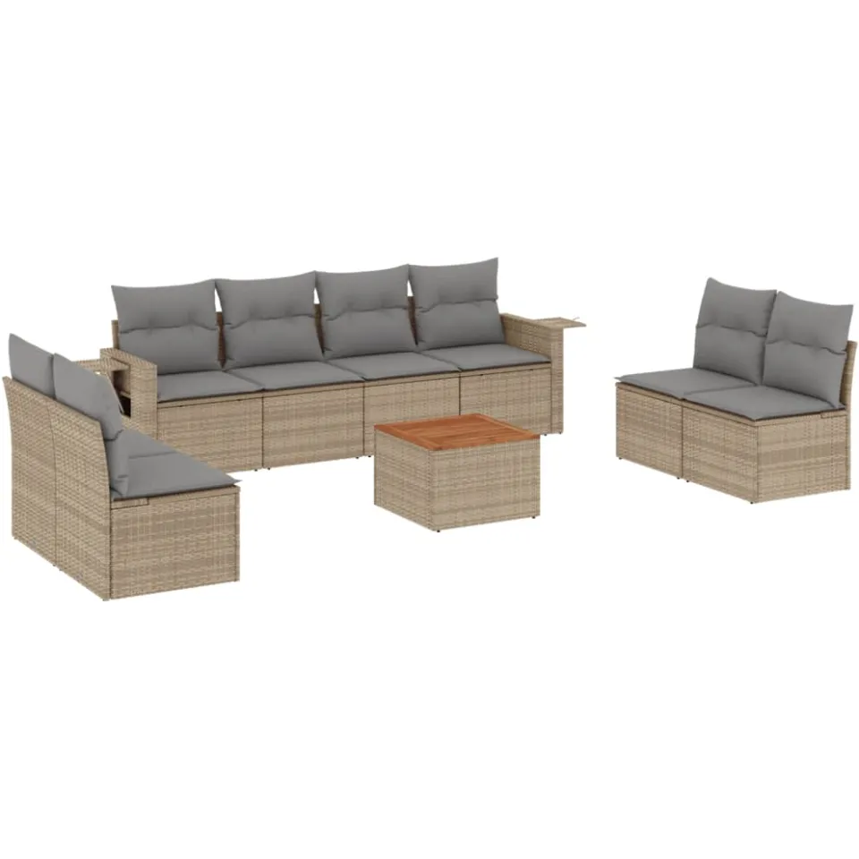 vidaXL 9-delige Loungeset met kussens poly rattan gemengd beige, foto 3