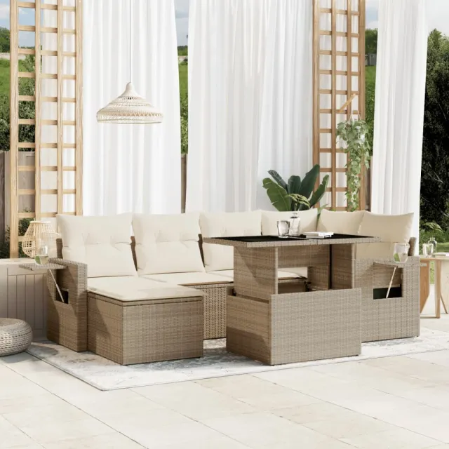 vidaXL 7-delige Loungeset met kussens poly rattan beige, foto 2