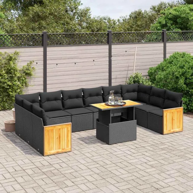 vidaXL 11-delige Loungeset met kussens poly rattan zwart, foto 2