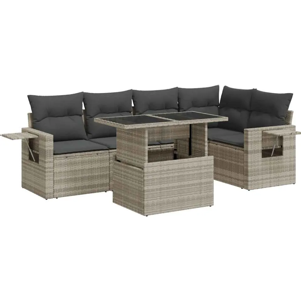 vidaXL 6-delige Loungeset met kussens poly rattan lichtgrijs grijs, foto 3