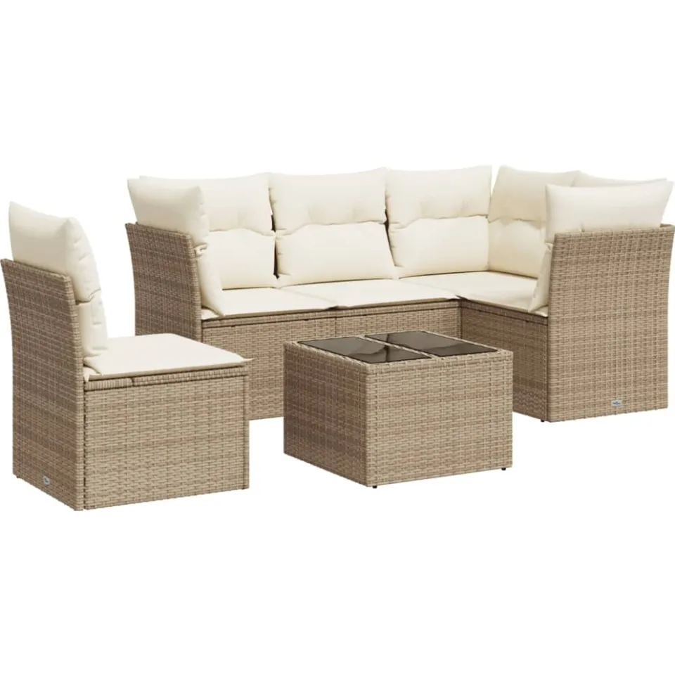 vidaXL 6-delige Loungeset met kussens poly rattan beige