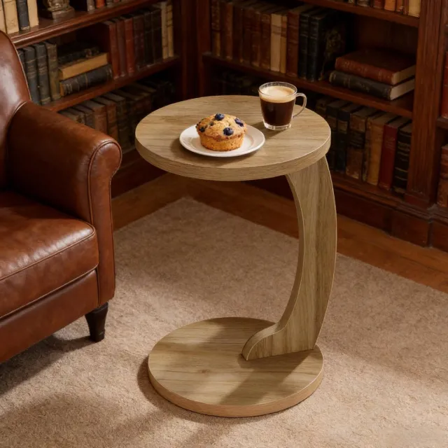 REDOM Bijzettafel - C-vormig ontwerp - Rond tafelblad - Opbergruimte binnen handbereik - MDF met melamine fineer - Licht eiken - 38 x 55 cm Licht eikenhout