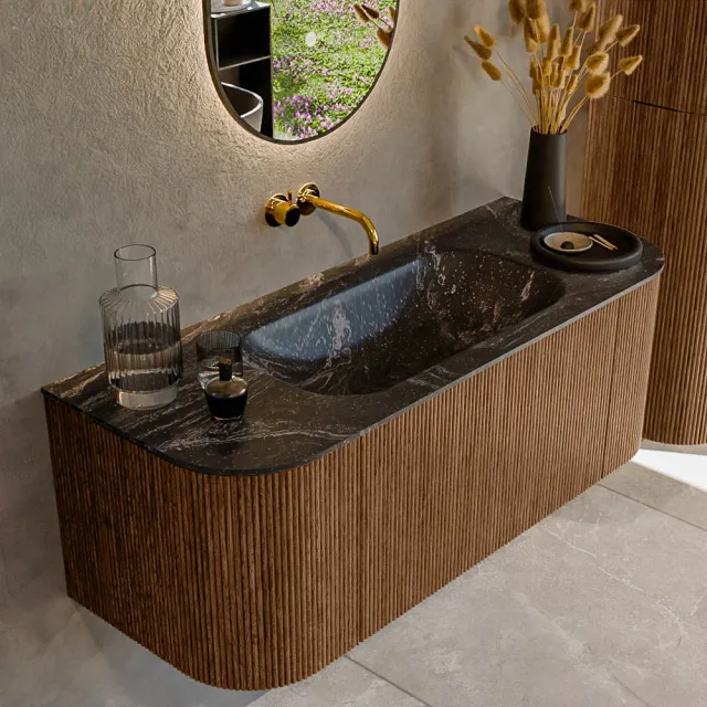 Mondiaz KURVE-DLUX 120 cm Onderkast Greeploos 1 Lade Met Deuren Walnut, Wastafel Solid Surface Midden Lava 0 Kraangaten Zonder Spiegel (KRVBGS120L+R1L2D0KM-Wal/Lav)