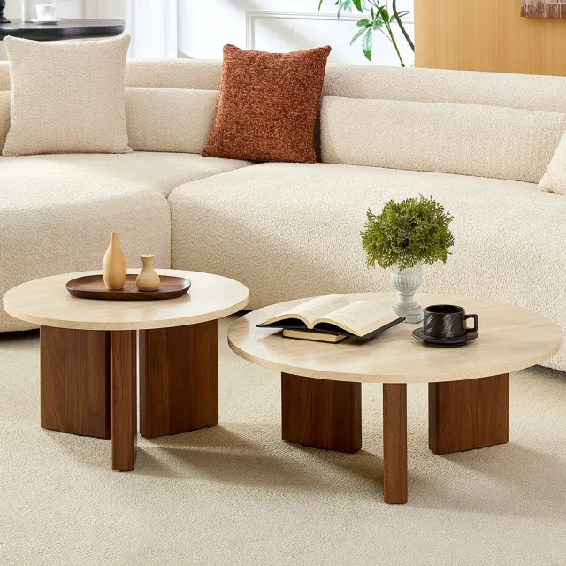 Home Heaven Home-Heaven® Salontafel Rond Travertin look met Bruin Hout – Set Van 2 Ø76cm & Ø58cm