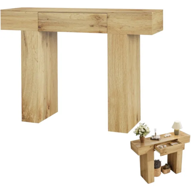 Danky Smalle haltafel - houten bijzettafel - rechthoekig blad van massief hout/MDF - met lades en opbergvakken - geschikt voor hal/gang/woonkamer - natuurlijke houtkleur 120 cm