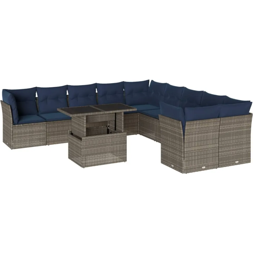 vidaXL 11-delige tuinbankset met kussens, grijs polyrotan