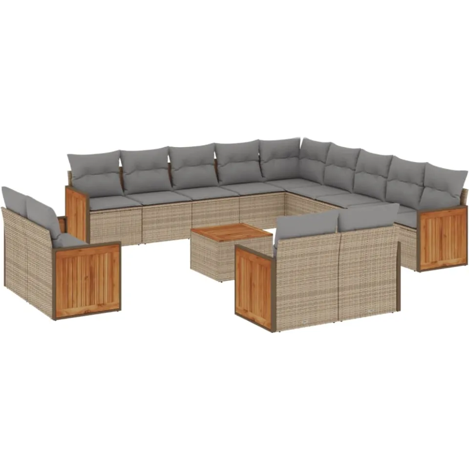 vidaXL 14-delige Loungeset met kussens poly rattan beige, foto 3