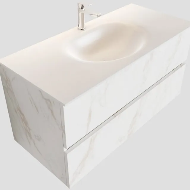 Boss & Wessing Badkamermeubel BWS Madrid Carrara Mat 100 cm Solid Surface Wastafel (1 kraangat, 2 lades)