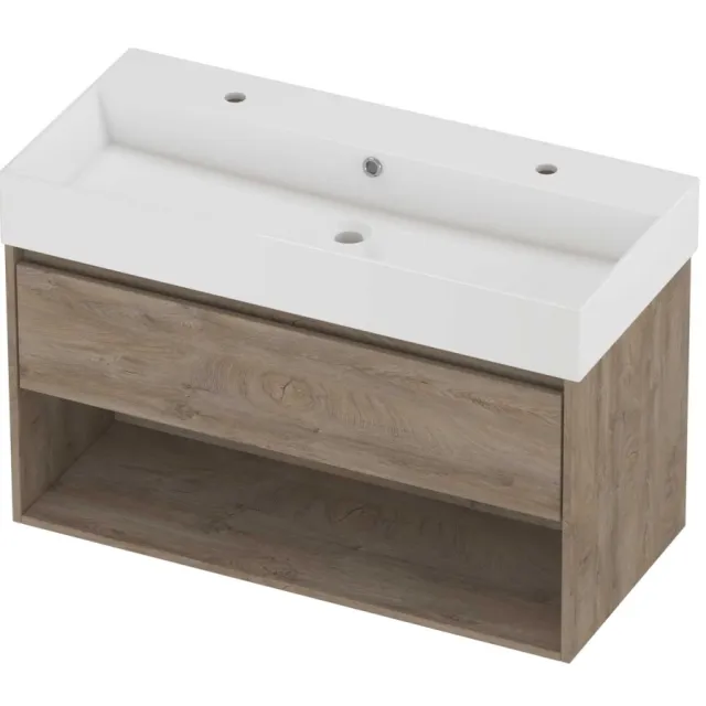 Proline Zara Badmeubelset Porselein Loft 2 Kraangaten Met Schap 100x46x65 cm Glans Wit Raw Oak Eiken