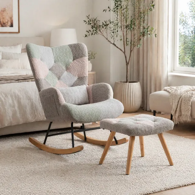 HAUSS SPOLE Schommelstoel - Fauteuil Met Hocker En Lendekussen - Veel¬kleurig Gestoffeerd - Voor Woonkamer, Slaapkamer En Terras - Houten Onderstel Bunt