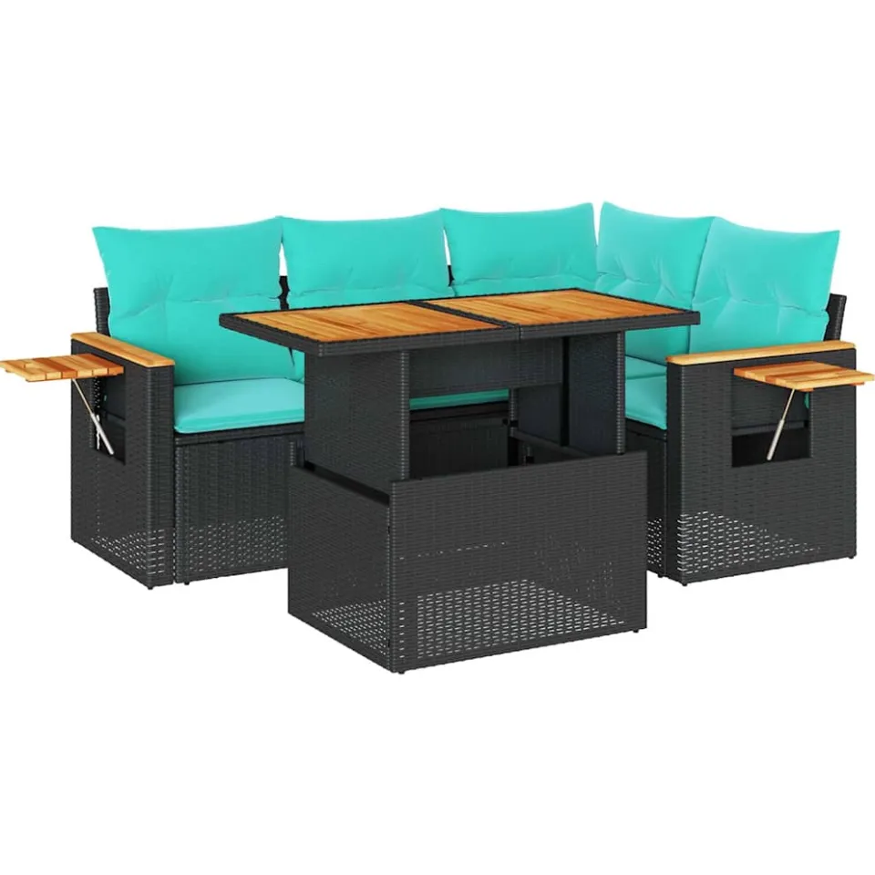 vidaXL 5-delige Loungeset met kussens poly rattan acacia zwart