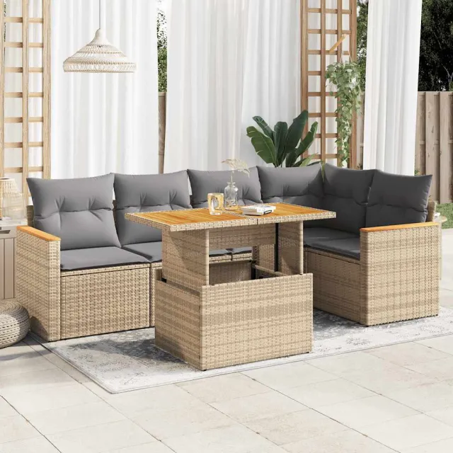 vidaXL 6-delige Loungeset met kussens poly rattan acacia beige, foto 2