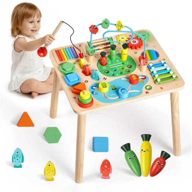 Vevor Houten Activiteitentafel, Montessori Speelgoed, 13-in-1 Leertafel, Speeltafel en Activiteitentafel voor Kinderen Vanaf 6 Maanden, Ideaal Cadeau voor Verjaardagen, Kerstmis of Kinderdag, 6-36 Maanden