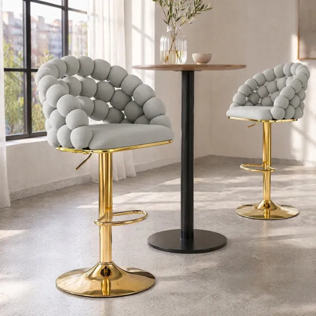 MODENUIT Barkruk 45 x 52 x 112 cm - Hoogte Verstelbaar Met Rugleuning - Voor Keukeneiland - Velvet Lichtgrijs