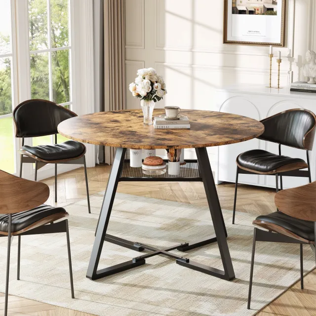 Yelenaro Ronde Eettafel 120 cm, Voor 4-6 Personen, Met Opbergplank, MDF Tafelblad + Metalen Frame, zonder stoelen, Bruin Bruin-A