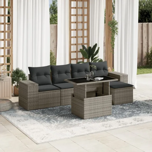 vidaXL 6-delige Loungeset met kussens poly rattan grijs, foto 2