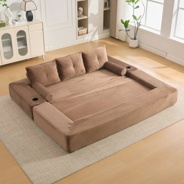 OKWISH 3-Zits Slaapbank 232 Cm - Uitklapbaar Met Bekerhouder, Zijvakken En Geheugenschuim - Voor Woonkamer En Appartement - Ribstof - Bruin