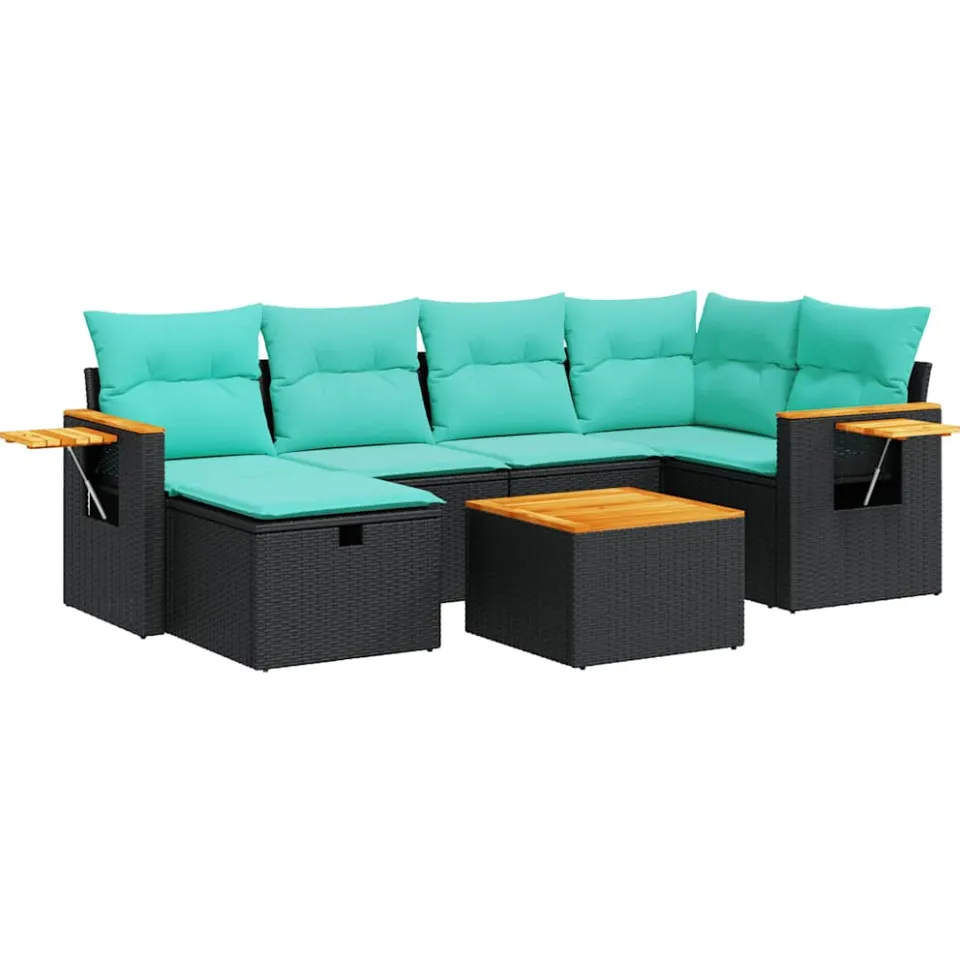 vidaXL 7-delige Loungeset met kussens poly rattan zwart, foto 3
