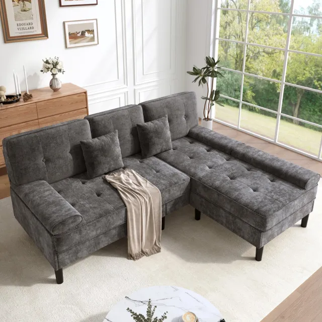 MIVRAY Hoekbank 195 Cm - Modulaire 3-Zits Met Verplaatsbare Voetenbank En Slaapfunctie - Voor Appartement En Woonkamer - Chenille Antiekgrijs