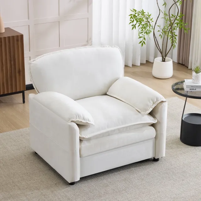 DESMIU Fauteuil 96 x 90 x 92 Cm - Dubbele Opbergvakken En Zachte Zitting - Voor Woonkamer, Balkon En Slaapkamer - Stof - Wit